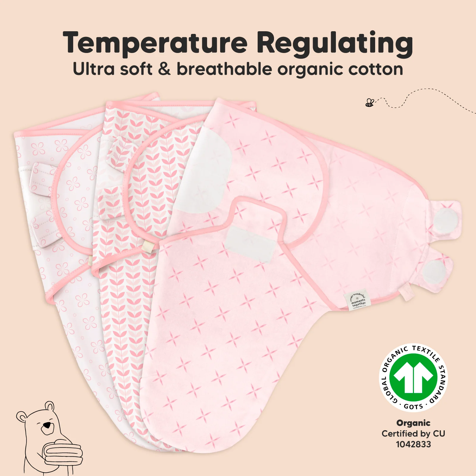 GOTS Certified, 100% Organic Cotton Soothe Swaddle Wraps, Set of 3 - Image 16