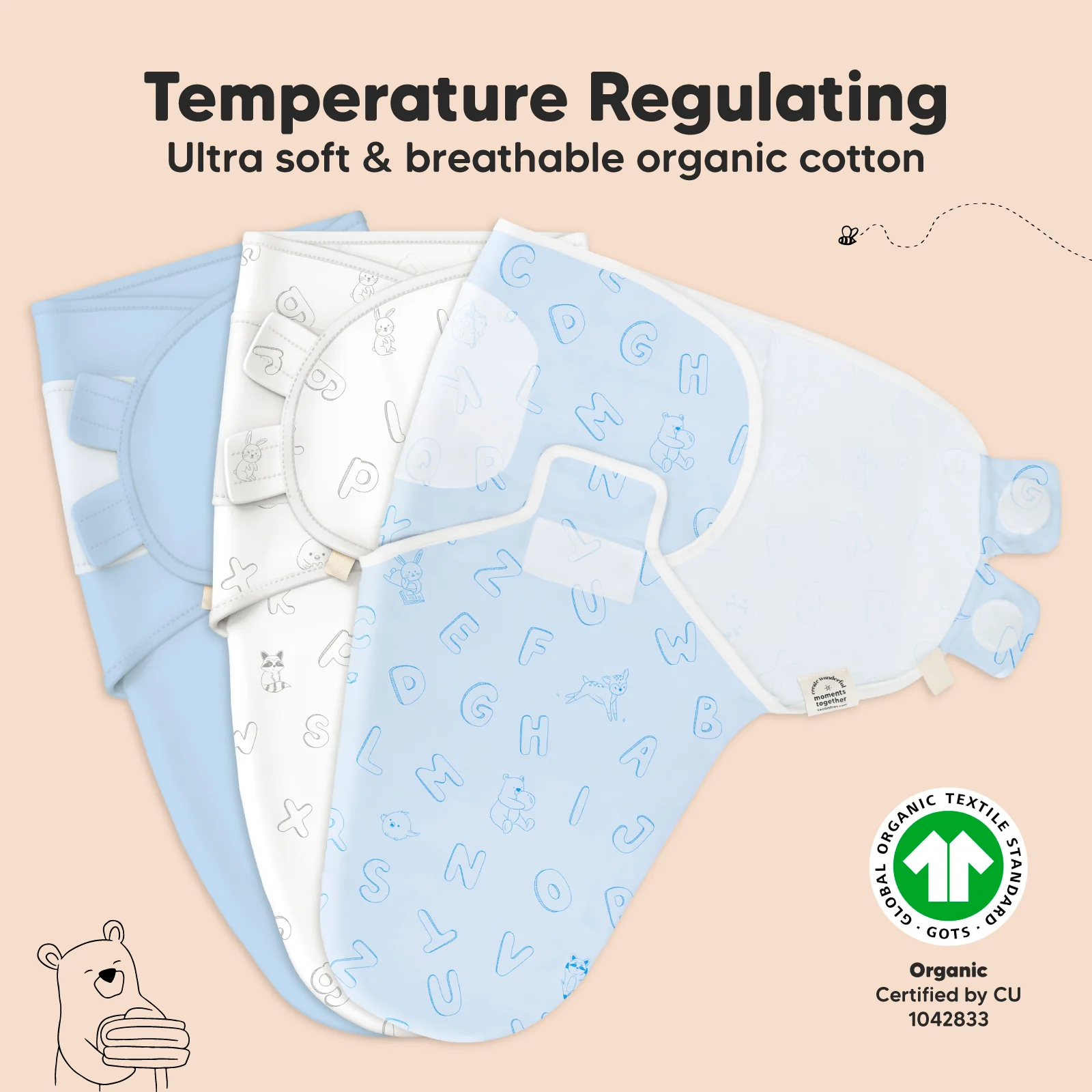 GOTS Certified, 100% Organic Cotton Soothe Swaddle Wraps, Set of 3 - Image 4