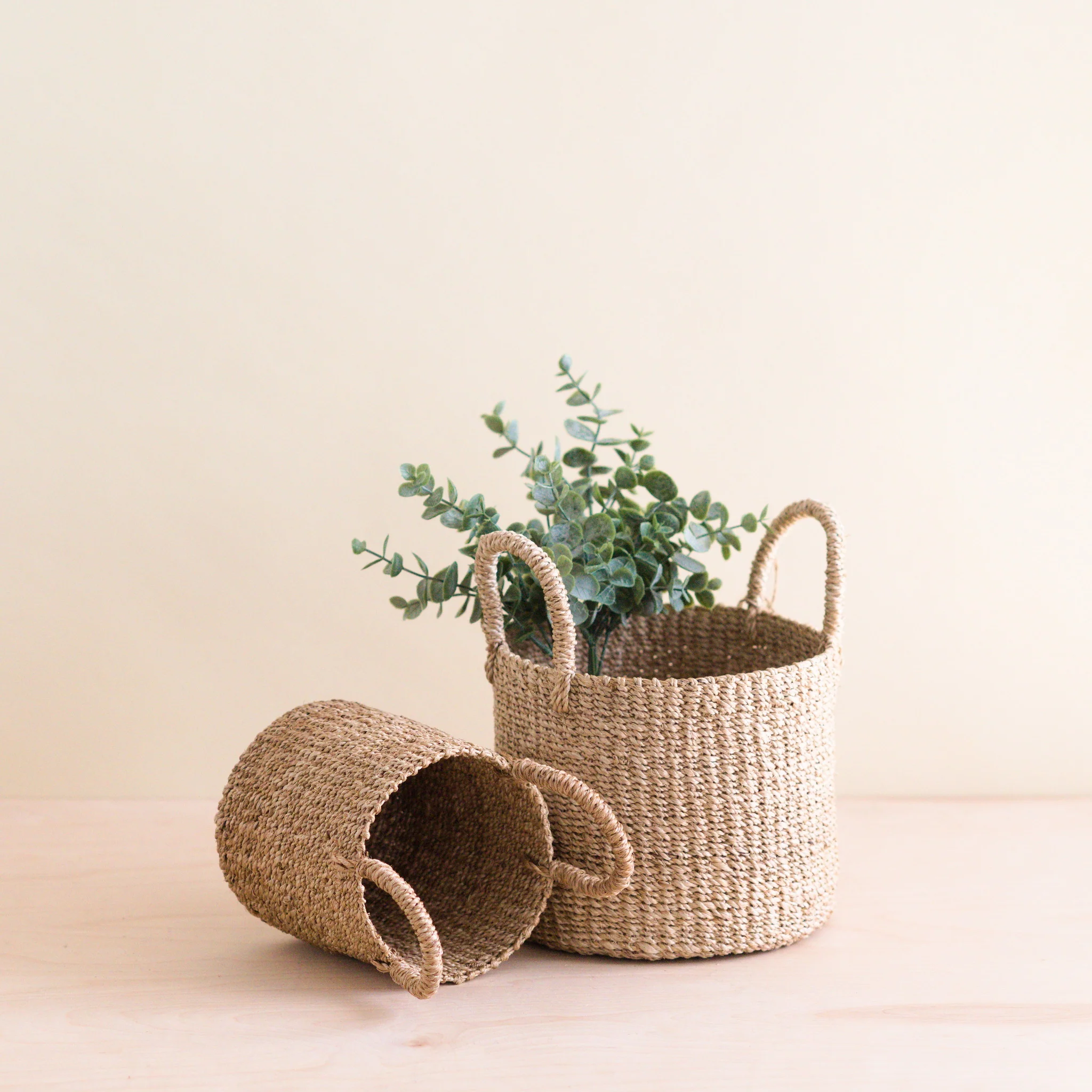 Abaca Cylinder Tabletop Basket with Handles, Set of 2 - Image 2
