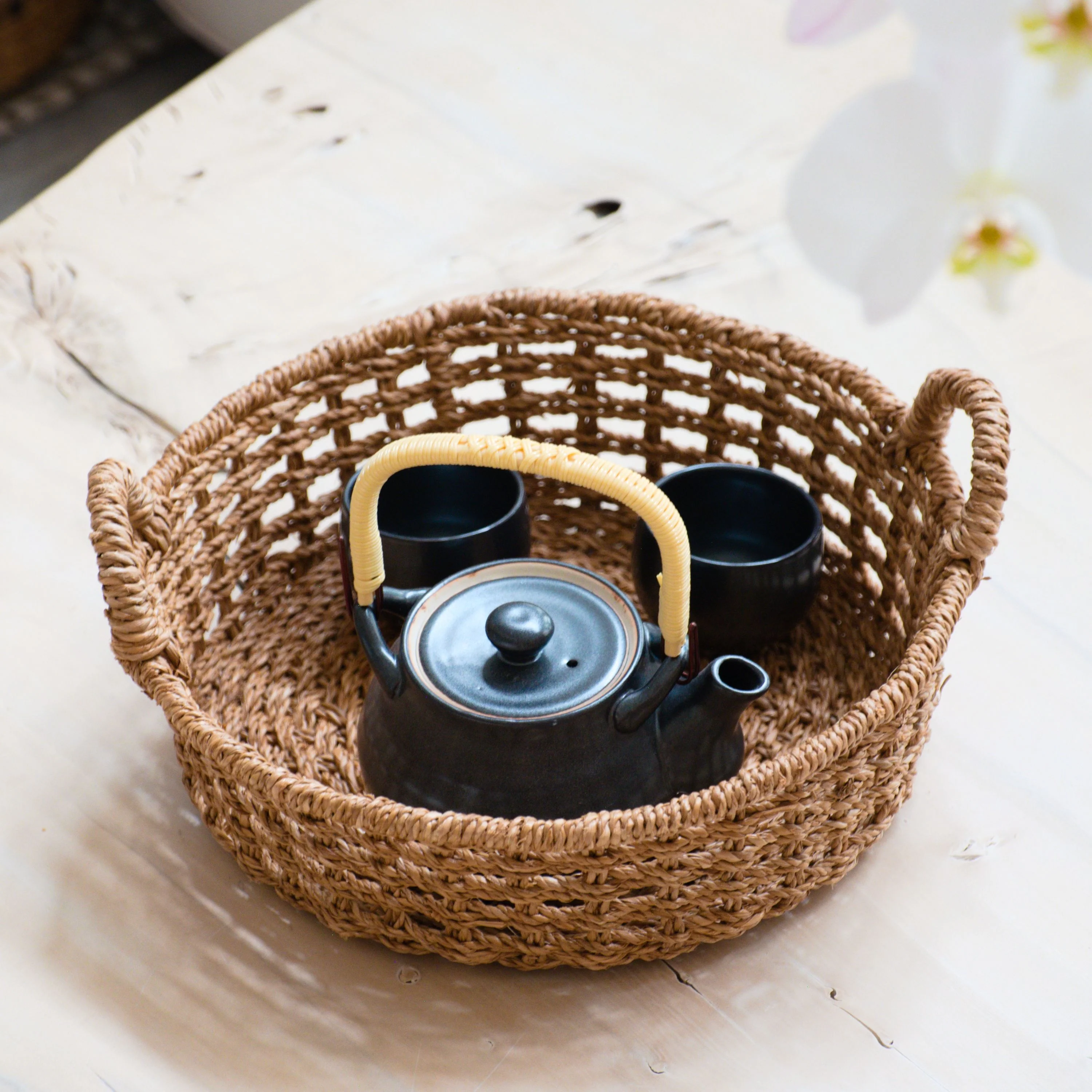 Abaca Round Tray Open Weave with Cutout Handles - Image 5