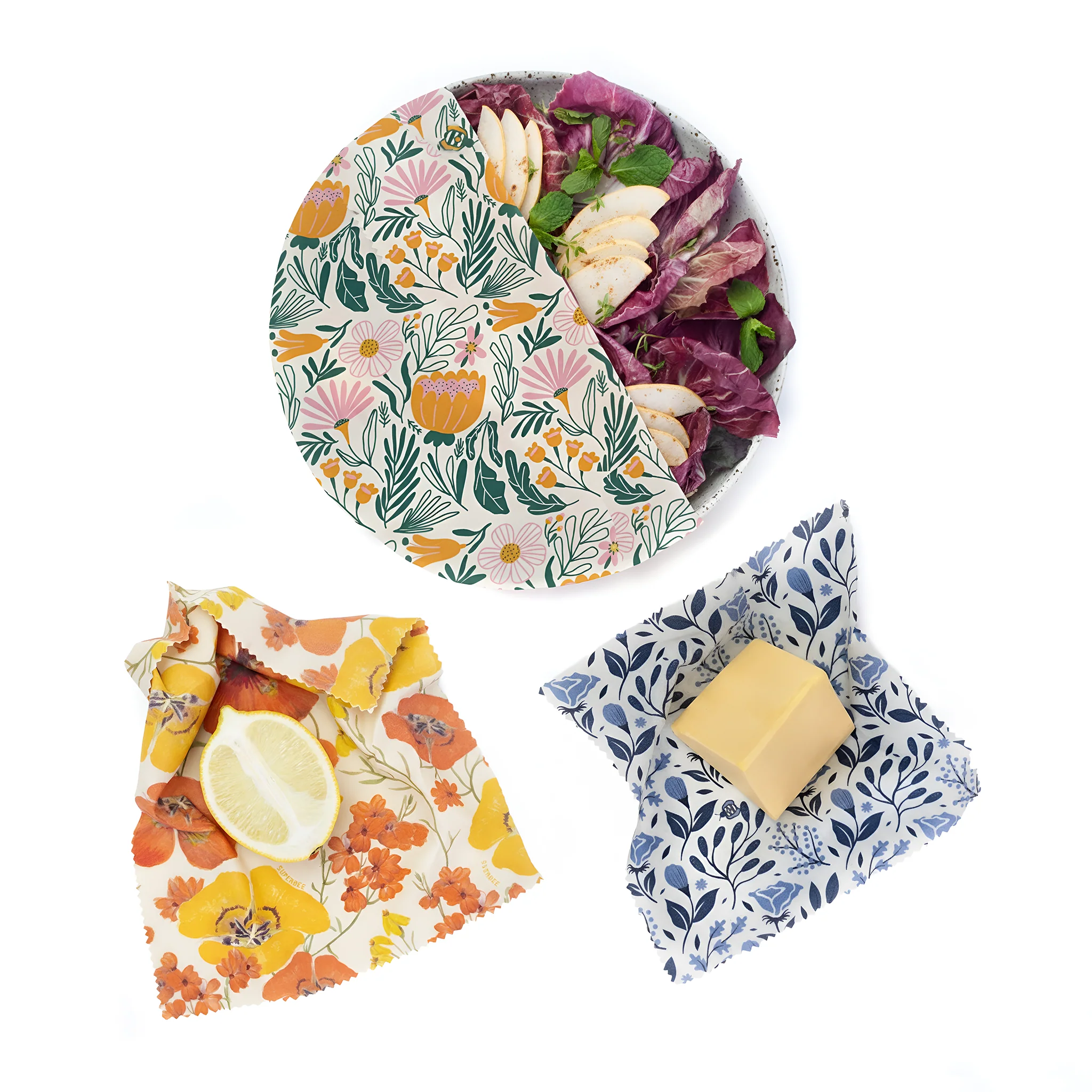 Essentials Beeswax Wraps – 3-Pack Reusable Food Wraps, Floral Prints - Image 8