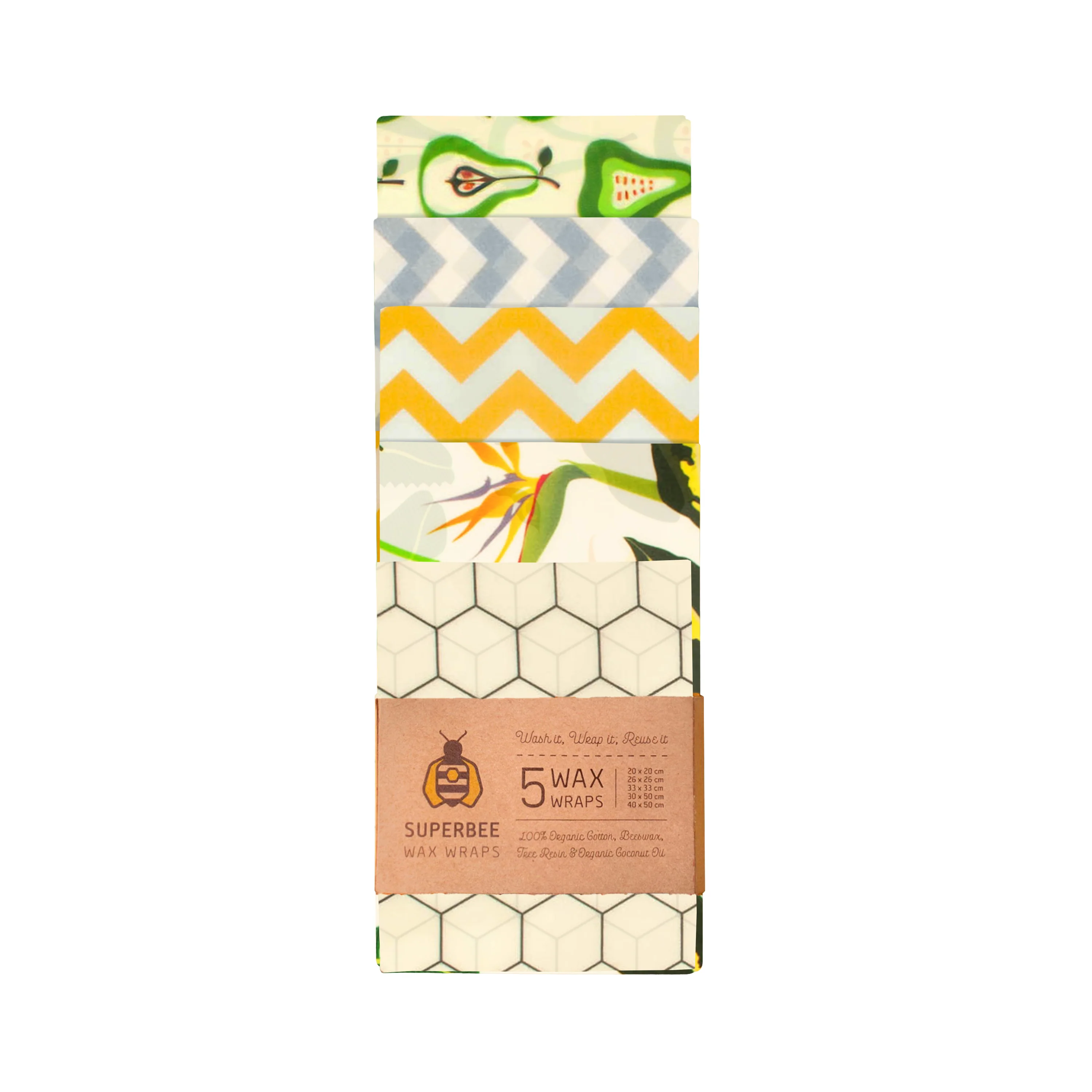 Essentials Beeswax Wraps – 5-Pack Reusable Food Wraps, Mixed Prints - Image 2