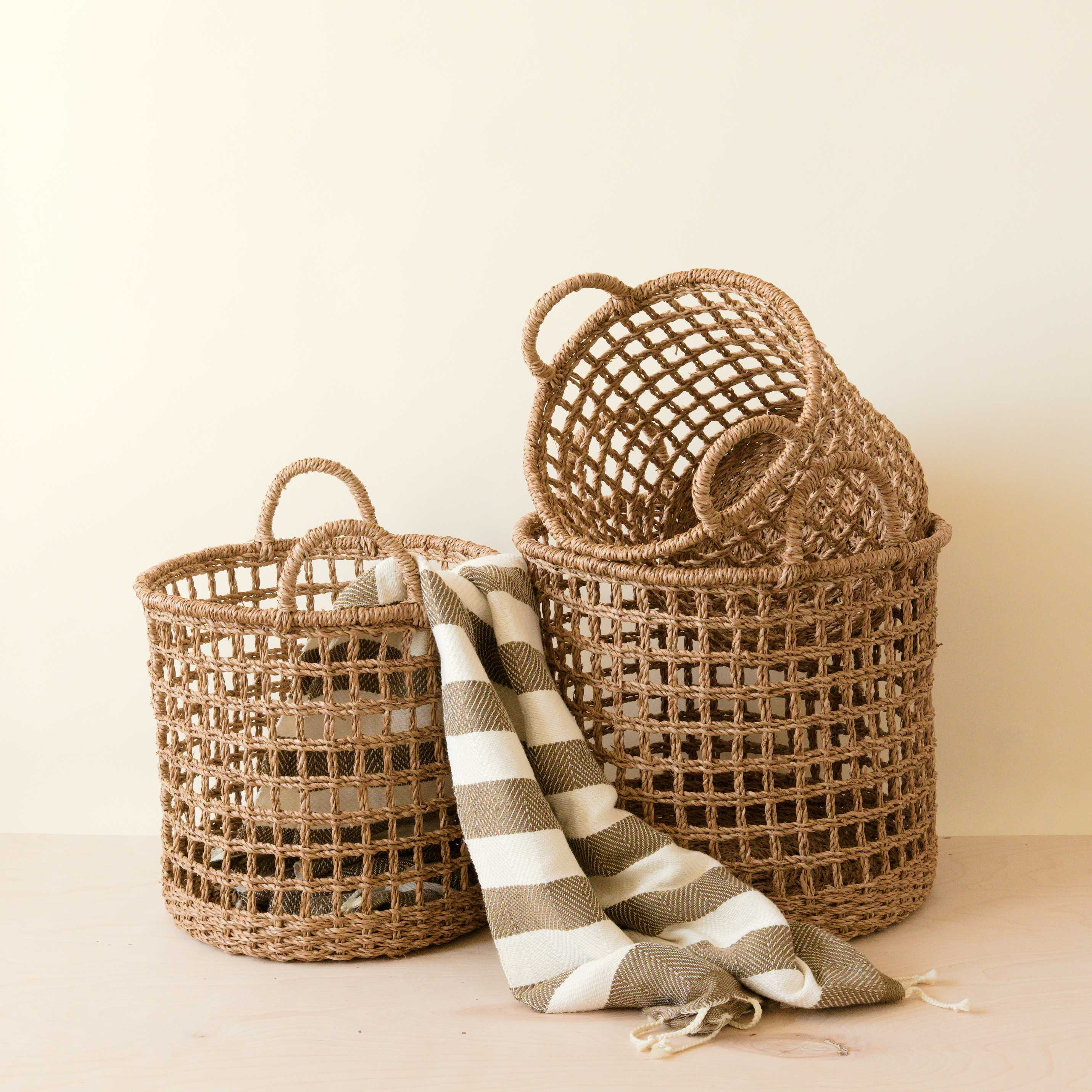 Seagrass Rope Open Weave Cylinder Basket with handles, nested set of 3 - Image 6