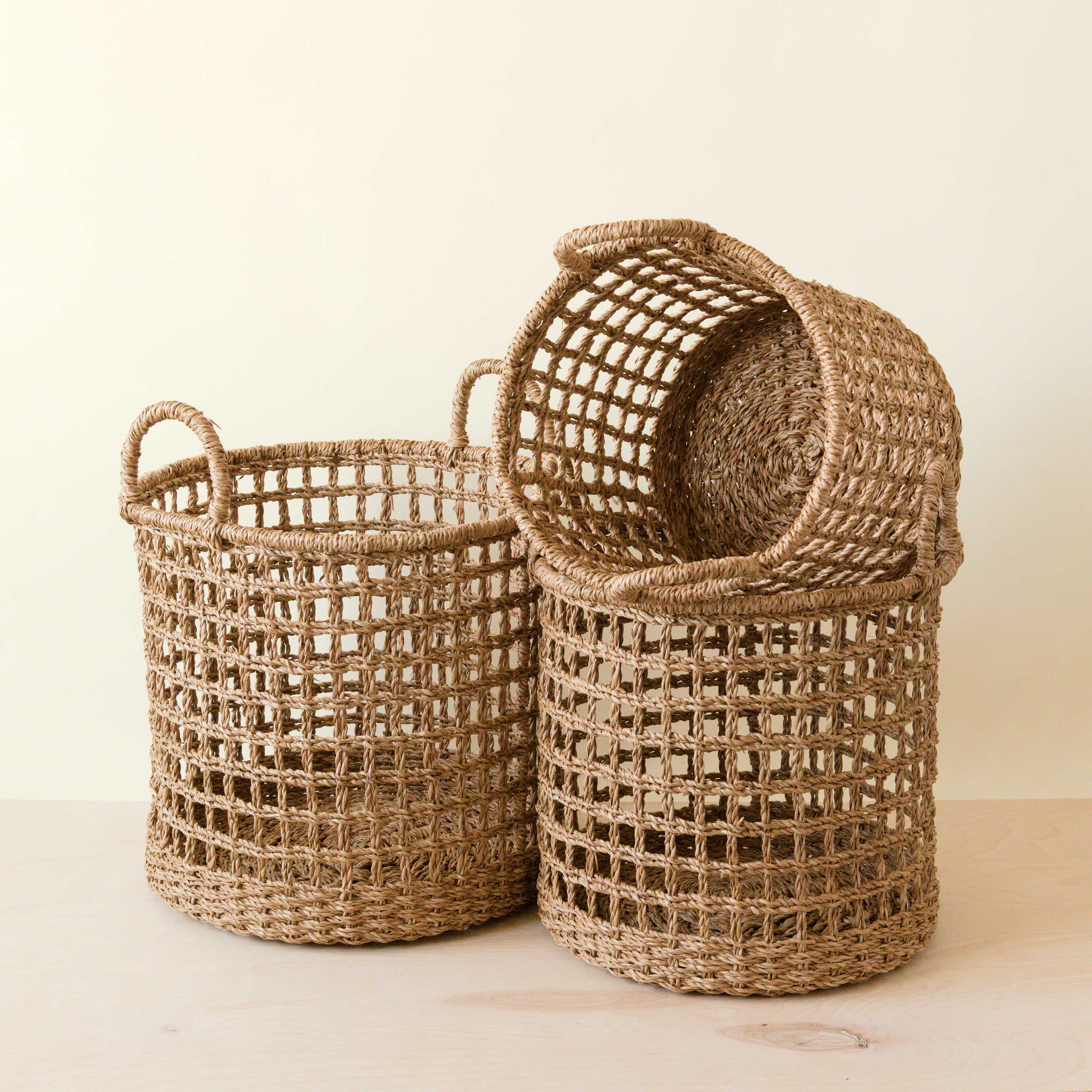 Seagrass Rope Open Weave Cylinder Basket with handles, nested set of 3 - Image 7