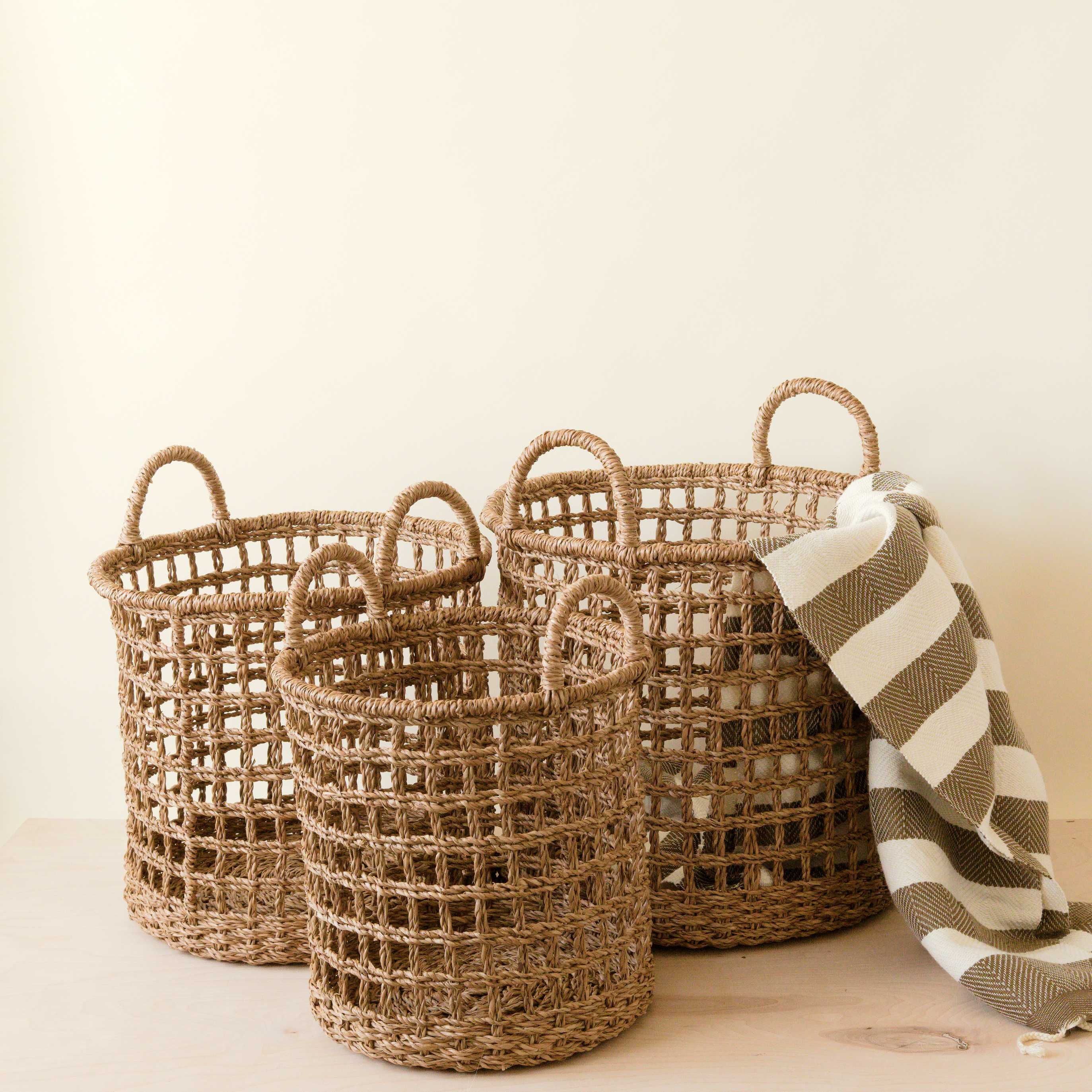 Seagrass Rope Open Weave Cylinder Basket with handles, nested set of 3 - Image 8