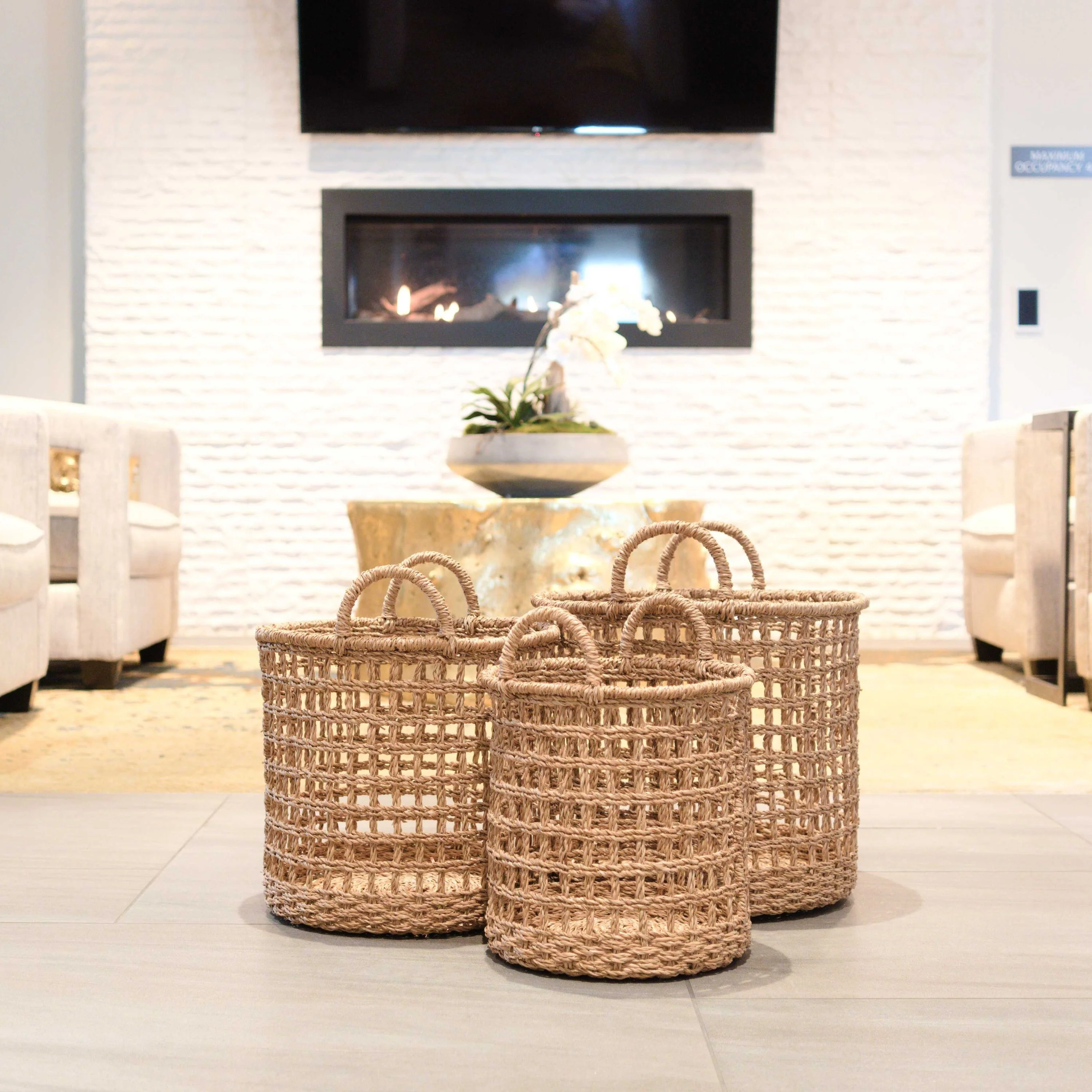 Seagrass Rope Open Weave Cylinder Basket with handles, nested set of 3 - Image 9
