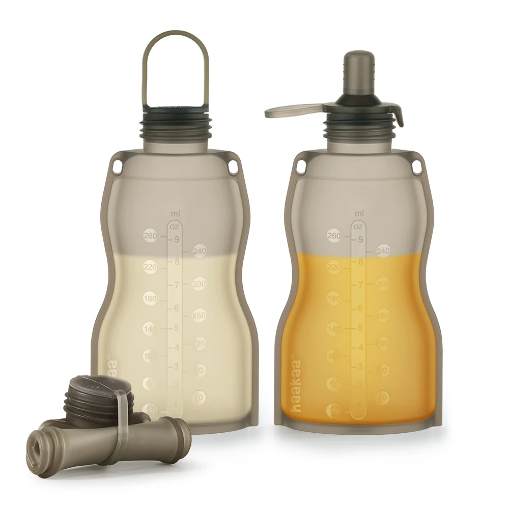 Silicone Breast Milk Storage Bags & Reusable Sippy Spout Combo – 9oz Refillable Baby Food Pouches for Homemade Purees & Milk - Image 3